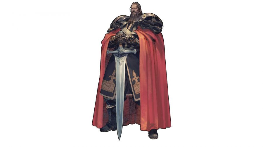 Character art from Tactics Ogre: Reborn for Dorgalua Oberyth Valeria, a large man with long brown hair and very long beard, big black shoulder armour, below which red cloth drapes over his arms. in the middle he holds a massive silver sword, tip touching the ground, hilt used as a rest for his hands.