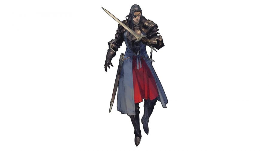 Character art from Tactics Ogre: Reborn for Lanselot Tartaros, a man with long black hair, a black eyepatch on his right eye, large black shoulder armour the flows into black gauntlets, a long blue coat, red skirt beneath, and tall black boots. He holds a sword around his chest.