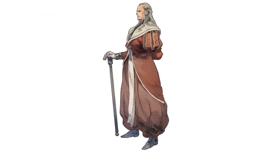 Character art from Tactics Ogre: Reborn for Brantyn Morne, a stoic looking man with long grey hair receding at the front, a baggy orange and white robe-type thing, and a cane in his right hand.