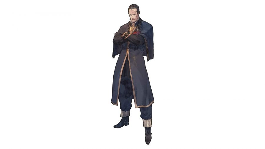 Character art from Tactics Ogre: Reborn for Lender Balbatos, a serious looking man with slightly receding short brown hair. He wears a menacing black mantle over a black coat with gold detailing on the edges. He has his arms crossed.