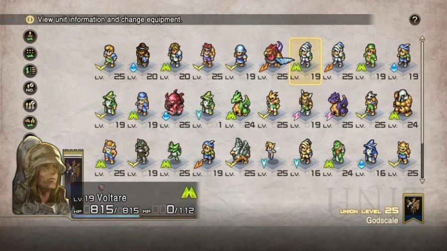 A screen showing a long list of classes with tiny pixel art for each.
