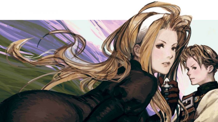 Character art for Tactics Ogre: Reborn, showing a man and a woman in a painterly style. The woman has long blonde hair, a white headband, and a tight black outfit. She is holding a blade in her hand. The man has short blonde hair, a white shirt with black armour over the top, and a long sword sheathed on his back.