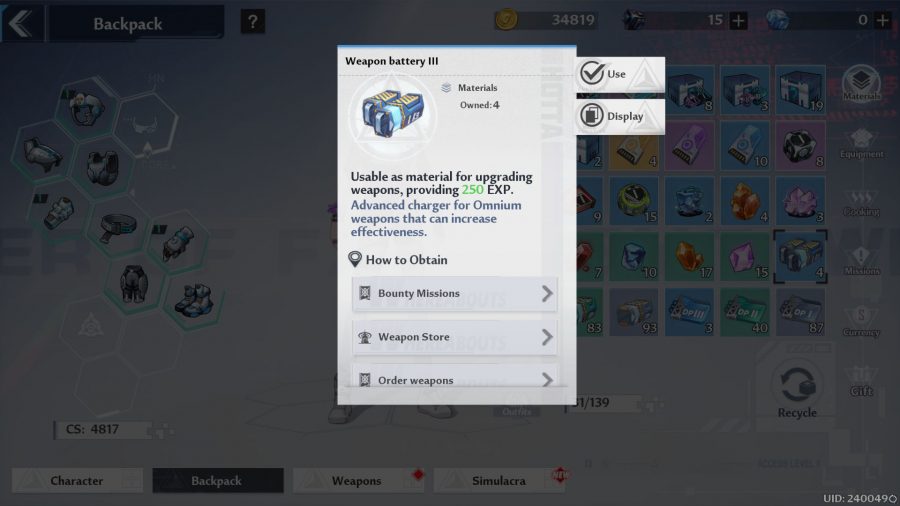 Tower of Fantasy weapon upgrade materials in the backpack screen