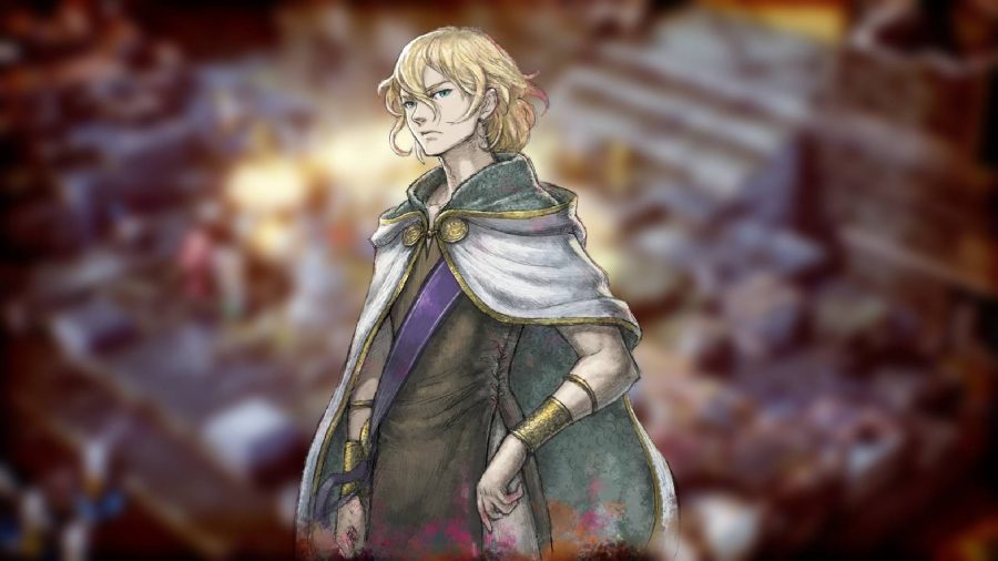 Triangle Strategy characters: Key art for the game Triangle Strategy shows an illustration of a young man with blonde hair, wearing a shoal 