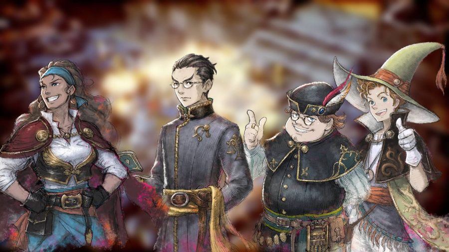 Triangle Strategy characters: Key art for the game Triangle Strategy shows an illustration of several different characters 