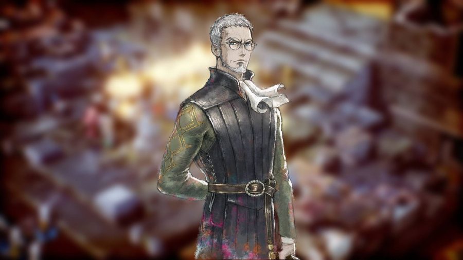 Triangle Strategy characters: Key art for the game Triangle Strategy shows an illustration of a middle aged man with slender glasses and a slim frame