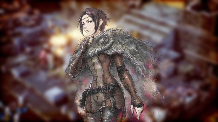 Triangle Strategy characters: Key art for the game Triangle Strategy shows an illustration of a young woman wearing furs 