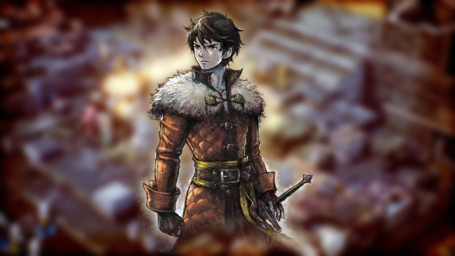 Triangle Strategy characters: Ket art for the game Triangle Strategy shows an illustration of a young male character with brown hair, holding a sword 