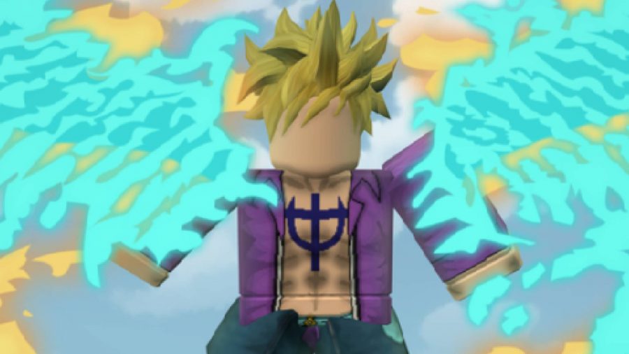 Viet Nam Piece codes: key art for the Roblox game Viet Nam Piece shows block-shaped Roblox character glowing with blue energy, and wearing a purple jacket with a tattoo on their chest