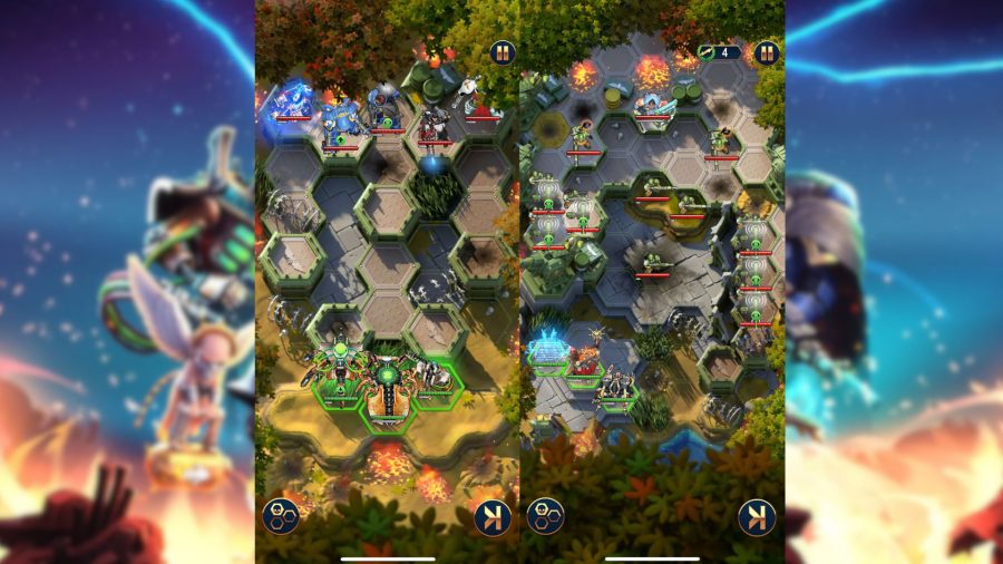 Screenshots of battles within Warhammer Tacticus with hexagonal battlefield spaces separating the warriors