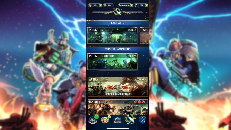 Screenshot of the campaign screen from Warhammer 40,000 Tacticus showing different levels and worlds the player can jump into