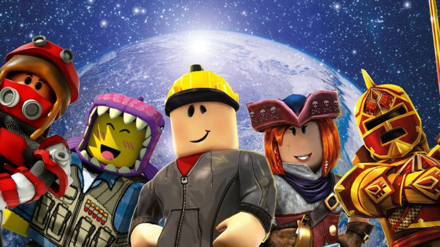 Roblox characters from different experiences all look towards the screen with happy expressions