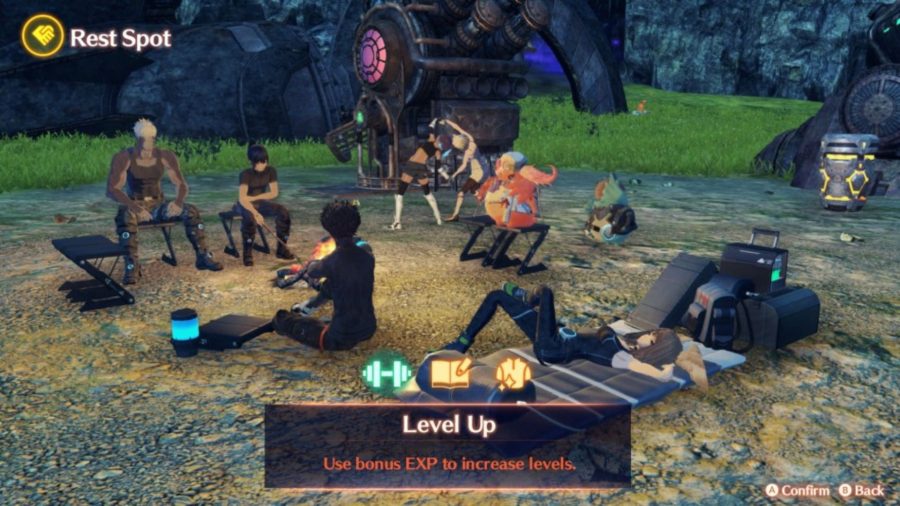 The main characters from Xenoblade Chronicles 3 sat around a campfire, with a menu item selected that says 